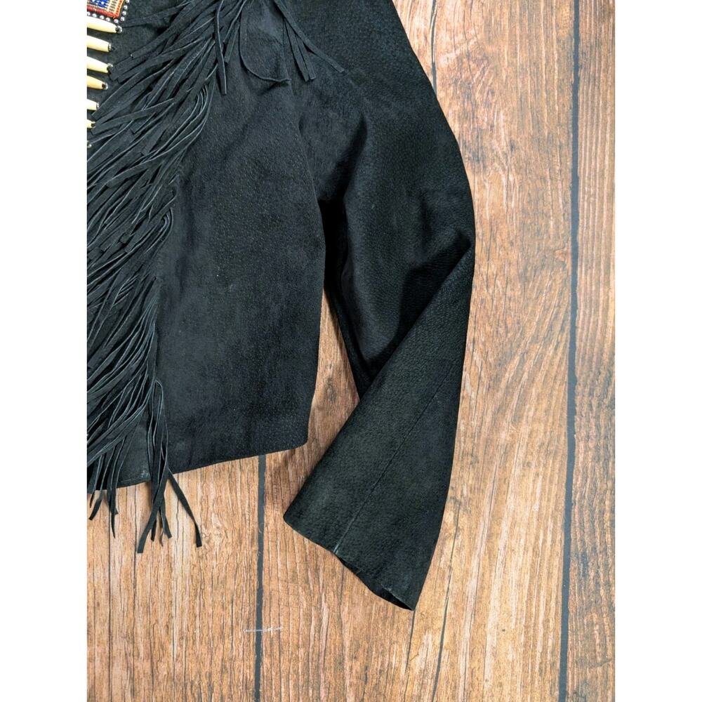 TONY LAMA Women's 14 Southwest Fringed Beaded Black Suede Leather Bolero Jacket - Picture 2 of 16
